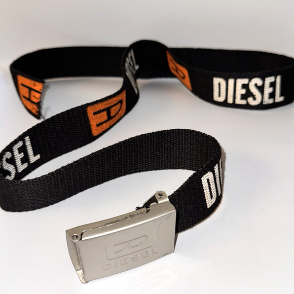 Vintage Y2K Diesel Black Canvas Logo Print Adjustable Logo Buckle Belt Up To 46” - Picture 3 of 10